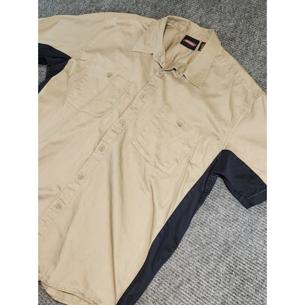 Genuine Dickies Mens 2XL Khaki Navy Blue Two Tone Short Sleeve Work Shirt Cotton